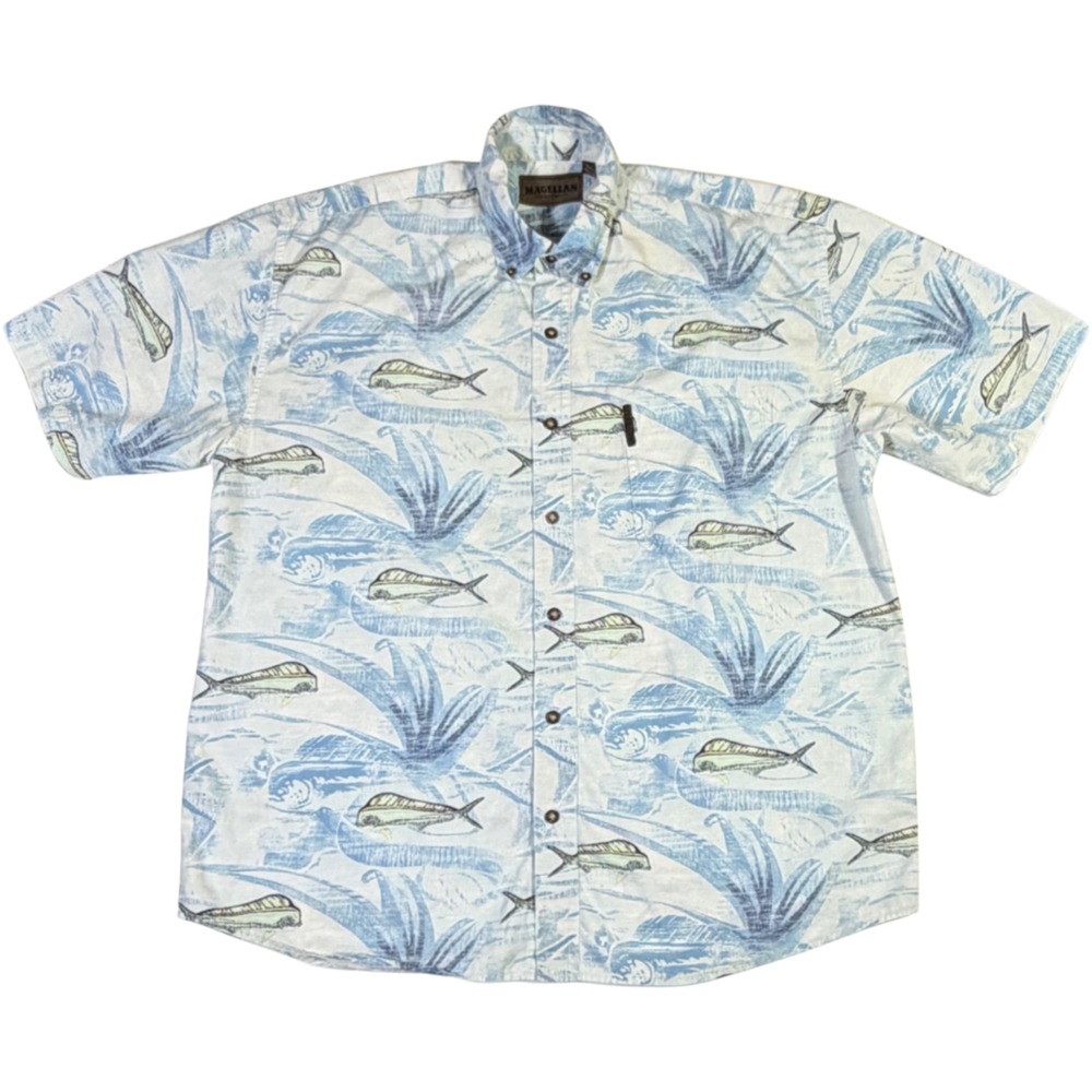 Magellan Sportswear Fishing Shirt M Blue Mahi Mahi Tropical Button Front L